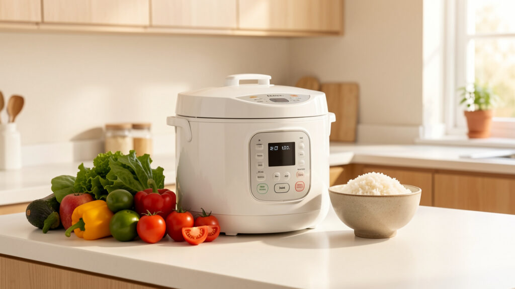 Petite cuisine lumineuse avec un multicuiseur blanc compact pos&eacute; sur le plan de travail, accompagn&eacute; de l&eacute;gumes frais et d&rsquo;un bol de riz.