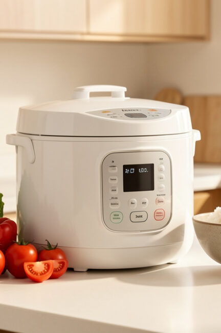Petite cuisine lumineuse avec un multicuiseur blanc compact posé sur le plan de travail, accompagné de légumes frais et d’un bol de riz.