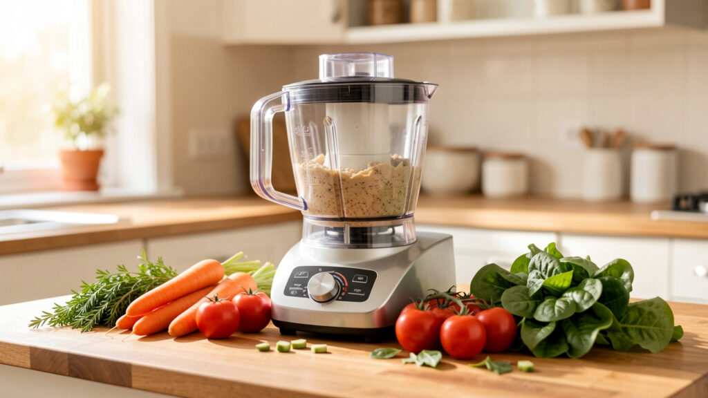 Petite cuisine lumineuse avec un robot multifonction compact &agrave; bol transparent pos&eacute; sur un plan de travail en bois, entour&eacute; de l&eacute;gumes frais.