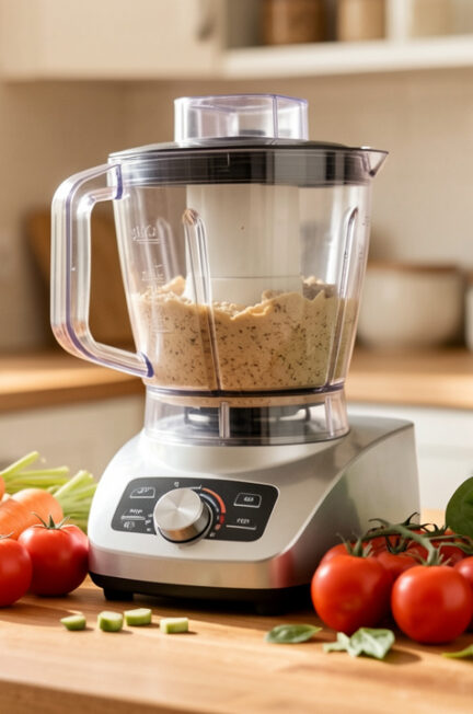 Petite cuisine lumineuse avec un robot multifonction compact à bol transparent posé sur un plan de travail en bois, entouré de légumes frais.