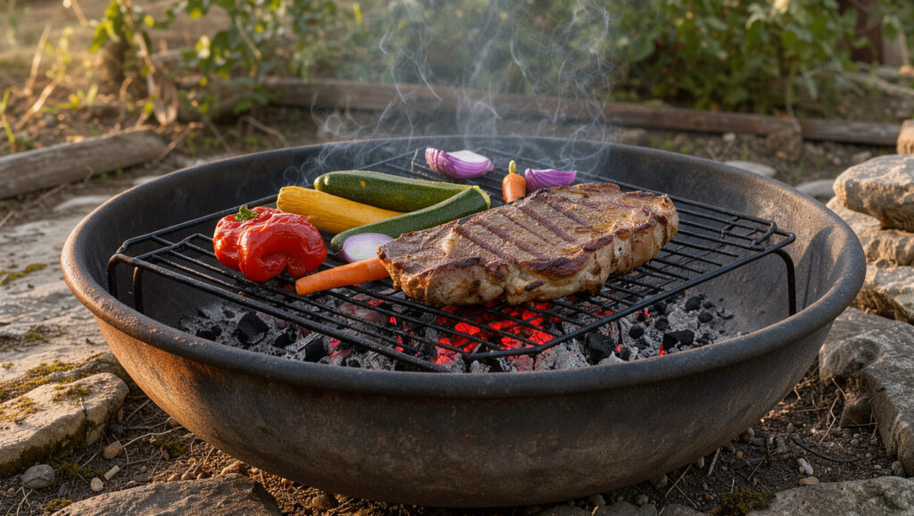 Brasero ext&eacute;rieur en acier avec braises rouges, grille r&eacute;glable, l&eacute;gumes color&eacute;s et pi&egrave;ce de viande en cuisson dans la lumi&egrave;re chaude de fin de journ&eacute;e.