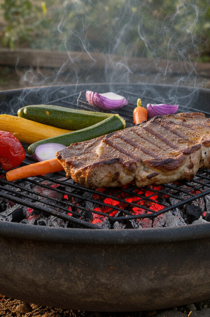 Brasero extérieur en acier avec braises rouges, grille réglable, légumes colorés et pièce de viande en cuisson dans la lumière chaude de fin de journée.