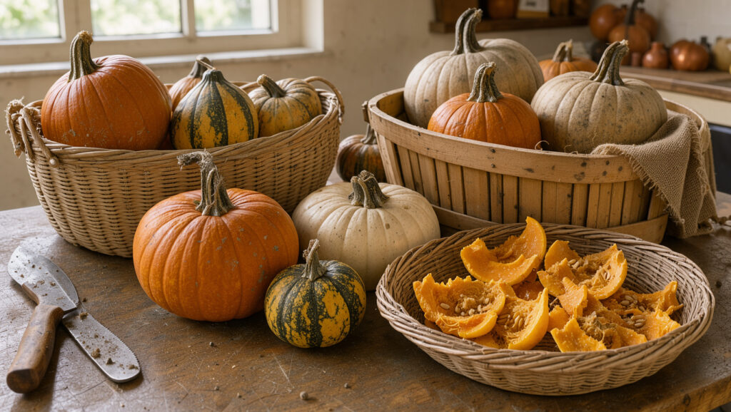 Courges d&rsquo;automne enti&egrave;res et sculpt&eacute;es dispos&eacute;es sur une table de cuisine, avec des paniers distincts pour la cuisson, la conservation et le compost, &eacute;clair&eacute;es par une lumi&egrave;re naturelle.