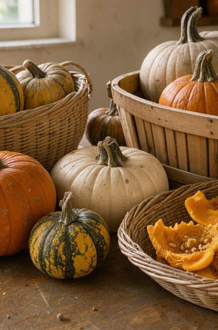 Courges d’automne entières et sculptées disposées sur une table de cuisine, avec des paniers distincts pour la cuisson, la conservation et le compost, éclairées par une lumière naturelle.