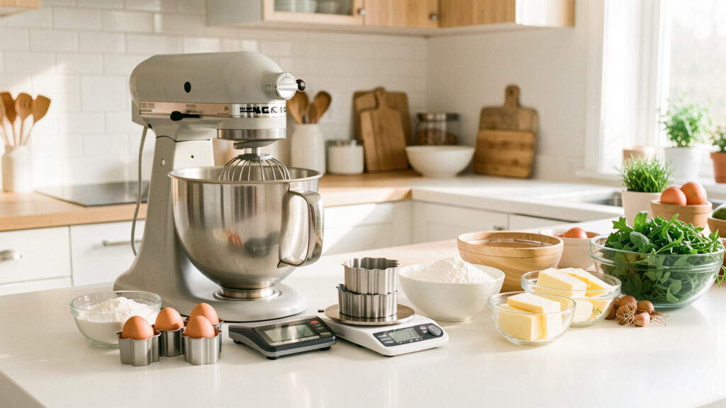 Cuisine lumineuse et bien organis&eacute;e avec un robot p&acirc;tissier, des moules soigneusement rang&eacute;s, une balance et plusieurs ingr&eacute;dients dispos&eacute;s sur un plan de travail propre.