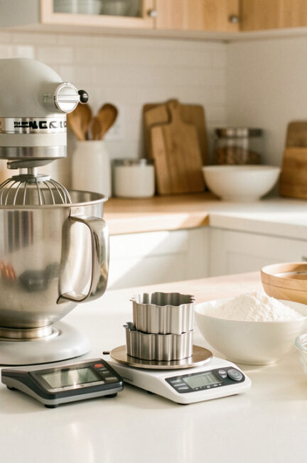 Cuisine lumineuse et bien organisée avec un robot pâtissier, des moules soigneusement rangés, une balance et plusieurs ingrédients disposés sur un plan de travail propre.