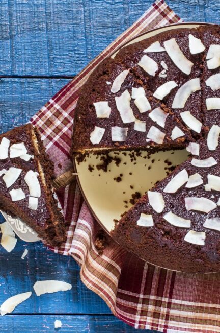 Gâteau au chocolat et à la noix de coco moelleux, présenté sur une assiette avec des copeaux de coco.